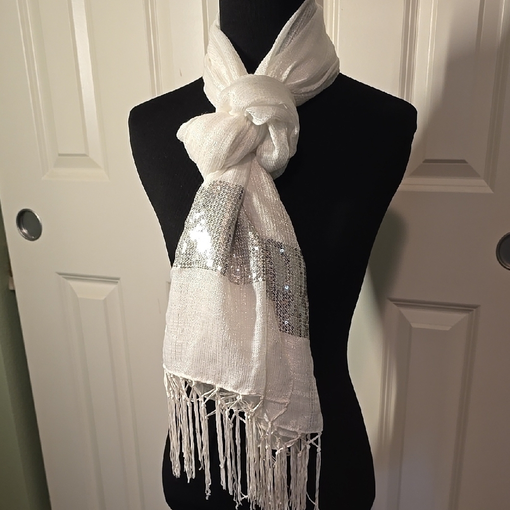 Elegant White and Silver Scarf with Fringe